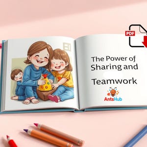 May include: An open book with the title "The Power of Sharing and Teamwork" and illustrations of children. The book is surrounded by colored pencils on a pink surface. A PDF download icon is in the upper right corner.