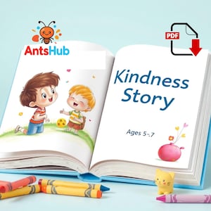 Op de afbeelding: Een open kinderboek getiteld "Kindness Story" met illustraties van twee stripkinderen. Kleurpotloden en een klein geel kattenbeeldje liggen rond het boek. De tekst "Ages 5-7" is ook zichtbaar.
