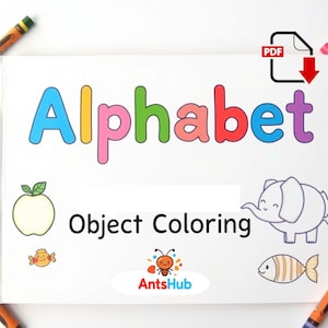 May include: A white book with the word "Alphabet" in colorful letters, with illustrations of an apple, fish, elephant, and a small fish. Crayons in orange, yellow, and purple surround the book.