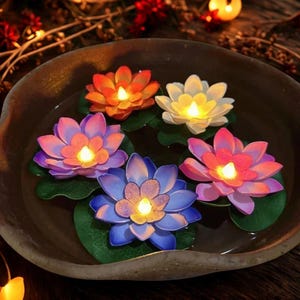 Puede incluir: Cinco luces flotantes con forma de flor de loto en un cuenco marrón lleno de agua. Las flores son de color naranja, blanco, rosa, morado y azul, cada una con un centro brillante. Hojas de nenúfar verdes sostienen las flores.