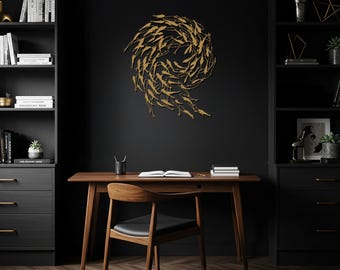 Fischschwarm Metallwandkunst abstrakte Schwarmfisch-Skulptur für Wohnzimmer, Schlafzimmer oder Büro Schwarz-Weiß-Silber-Bronze-Gold, Hauptgeschenk