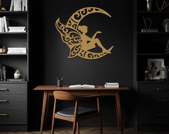 Arte de pared de luna de hadas, decoración de hadas de metal, letrero caprichoso para habitación de bebé, colgante de pared bohemio para habitación de niña, regalo místico para el hogar, acento de pared en forma de media luna