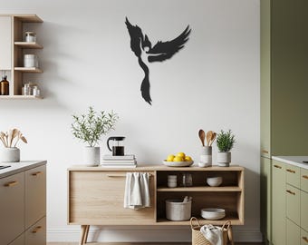 Engel Silhouette Metall Wandkunst, Elegante Engel Figur mit Flügeln, Schwarz Metall Kunstwerk für Wohnzimmer, Schlafzimmer & spirituelle Räume