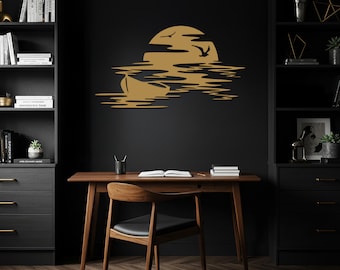 Arte de pared de metal con atardecer en barco, decoración de pared con escena de lago sereno, decoración minimalista moderna para dormitorio, obra de arte de metal con vista al mar, decoración de pared relajante