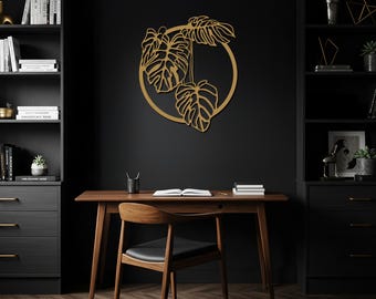 Arte de pared de metal con hojas de monstera, decoración de pared con plantas tropicales, colgante de metal botánico, decoración de hojas de jungla para el hogar, arte de pared bohemio, regalo moderno para el hogar.