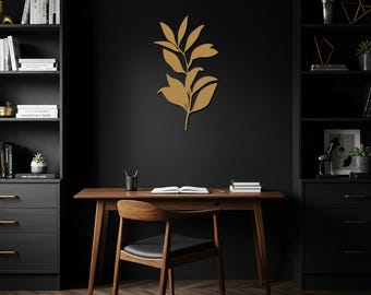 Arte de pared de metal con hojas y ramas, decoración botánica minimalista, obra de arte moderna de metal inspirada en la naturaleza para el hogar y la oficina, arte de metal, letrero de metal