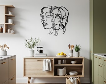 Arte de pared de metal con líneas abstractas, escultura de pared de rostros de mujer minimalistas y modernos, decoración contemporánea para dormitorio, un toque único para la sala de estar.