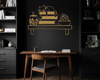 Arte de pared de metal con diseño de gato, letrero de metal para estantería, decoración acogedora para el hogar, regalo para amantes de los gatos, decoración de pared de metal para rincón de lectura, arte de pared de metal, regalo para el hogar