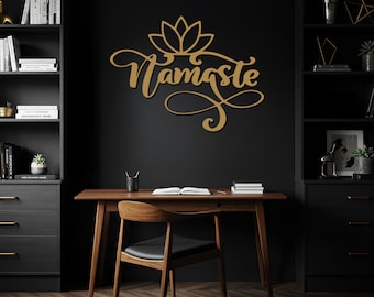 Namaste Metall Wandkunst, Yoga inspirierter Wandbehang, spirituelle Dekoration, Meditationsraum Akzent, minimalistisches Lotus Blumendekor