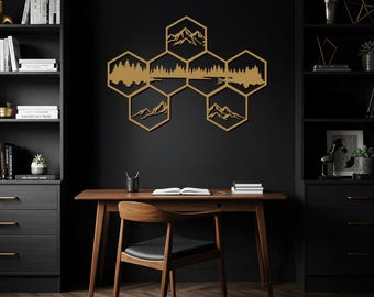 Arte de pared de montaña hexagonal, decoración de pared de metal inspirada en la naturaleza, colgante de pared con escena geométrica de bosque, decoración rústica de cabaña y albergue.