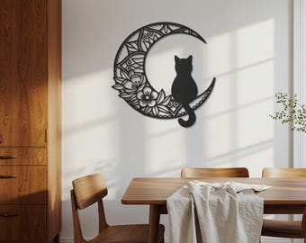 Cat on Crescent Moon Metal Wall Art  Mystical Black Cat Silhouette Floral Moon Design, Boho & Gothic Home Decor for Bedroom, Living Room