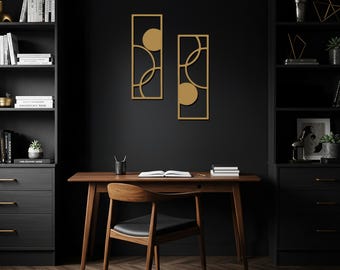 Arte geométrico de pared, letrero de metal, decoración minimalista, obra de arte abstracto moderno, dos paneles decorativos, regalo contemporáneo con estilo.