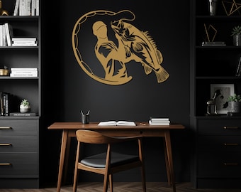 Arte mural de pesca, letrero de pescador de metal, regalo de pescador para él, decoración rústica para casa de lago, arte mural para amantes de la pesca, decoración de pared de cabaña, regalo para casa nueva