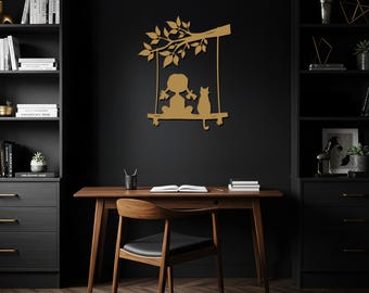 Arte de pared de metal con niña y gato en columpio, decoración de pared de metal, letrero de pared de metal, regalo único para el hogar, colgante de pared para habitación infantil, regalo para un nuevo hogar para amantes del arte.