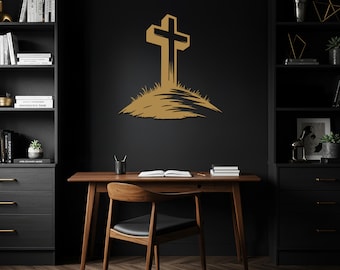 Arte de pared de metal con cruz de la colina, decoración de pared con cruz cristiana, letrero religioso de metal, colgante de pared espiritual, diseño de cruz minimalista moderno