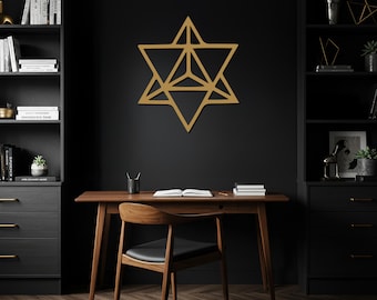 Arte de pared de metal con estrellas geométricas, decoración de pared moderna de geometría sagrada, símbolo de estrella abstracto, obra de arte minimalista en metal para hogares contemporáneos.