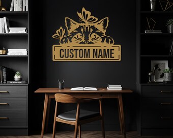 Escultura de metal con cara de gato personalizada para pared, con nombre de mascota personalizado, para amantes de los gatos, en negro, blanco, plata, bronce y dorado. Regalo para un nuevo hogar.