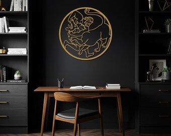 Arte de pared de metal con forma de león, decoración de pared redonda con forma de animal, símbolo de fuerza, escultura de metal moderna, decoración del hogar inspirada en safari.