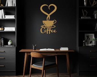 Arte de pared de metal con café, decoración de pared con forma de taza de café en forma de corazón, letrero de café para cocina, colgante rústico para barra de café, regalo para amantes del café, acento de metal moderno