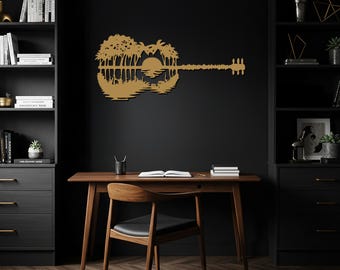Gitarre Metallwandkunst, Natur Landschaft Metallschild, Musikliebhaber Geschenk, rustikale Gitarre Wanddekor, moderne Musik Raumdekoration, Metallwandkunst