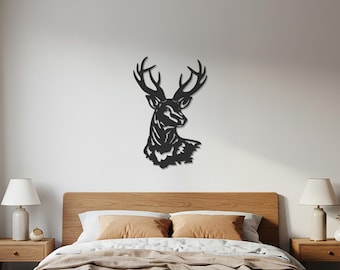 Rustik metallskulptur med hjorthuvud, väggkonst med hjortmotiv, stugdekor (ståldekor)