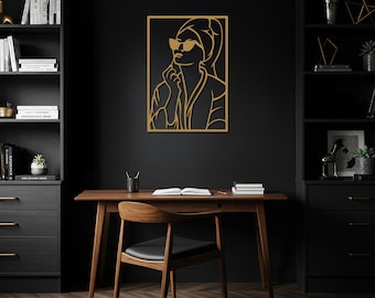 Decoración de pared de metal con líneas de mujer, arte minimalista de pared con rostro, colgante de pared moderno de acero, letrero metálico con retrato abstracto, regalo único para el hogar.