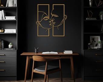 Arte de pared con líneas de pareja, letrero de metal, decoración de pared moderna, silueta abstracta de rostro, decoración romántica para el hogar, regalo de boda único
