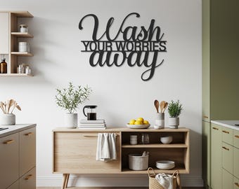 Arte de pared de metal "Adiós a las preocupaciones", decoración moderna con frase para baño, letrero de metal negro relajante para paredes de spa, hogar y dormitorio.