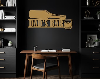 Letrero de metal para pared de Dads Bar, arte mural de botella de whisky, decoración de bar para el hogar, letrero de metal para cueva de hombre, regalo único para papá, letrero de metal para decoración de pared.