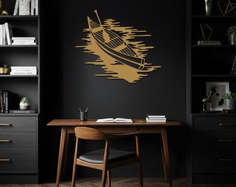 Arte mural de barco, decoración náutica de metal, colgante de pared de casa de lago, letrero de metal rústico de cabaña, adorno de pared de canoa, regalo para amantes del océano, arte costero para el hogar