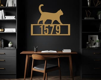 Letrero de metal con número de casa para gatos, decoración de pared personalizada para gatos, placa de matrícula para exteriores, regalo personalizado para amantes de las mascotas, decoración moderna de metal.