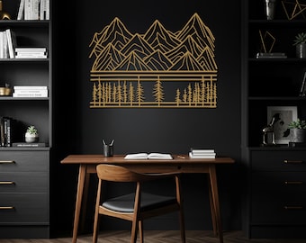 Arte de pared de metal de montaña, decoración de paisaje natural, colgante de pared de cabaña, escena de lago forestal, acento de pared de inspiración rústica para exteriores para el hogar