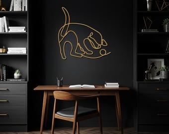 Arte de pared de perro de metal, arte lineal minimalista, decoración de pared para mascotas para dormitorio o sala de estar, silueta de perro de metal moderna, idea de regalo para un nuevo hogar.