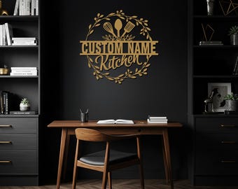 Letrero de cocina personalizado, arte de pared de metal personalizado con utensilios de cocina, decoración rústica de cocina, regalo único para el hogar