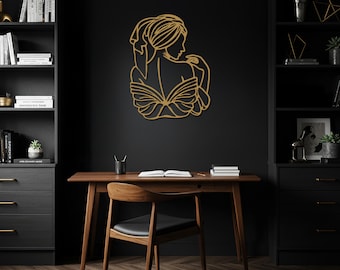 Decoración de pared de metal con líneas femeninas, silueta de mujer con mariposa, arte de pared para el cuidado personal en spa, regalo para baño en dorado, negro, blanco, bronce y plata.