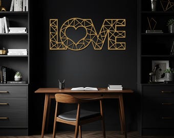 Arte de pared de metal LOVE, decoración geométrica de pared, letrero de acero moderno, regalo de amor abstracto, decoración minimalista para el hogar, colgante de pared romántico