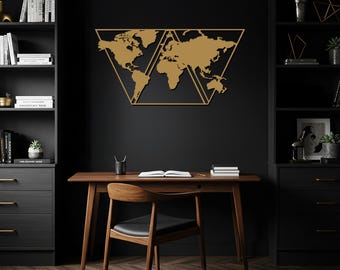 World Map Wall Art, Metal Wall Sign, Geometric Map Design, Travel Inspired Metal Decor, Unique Gift for Travelers, Modern Home Decor