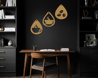Juego de 3 piezas de arte mural de café, decoración moderna de café de metal, escultura de pared de cocina inspirada en baristas con diseño de tazas y granos para el hogar y la cafetería.