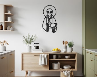 Alien Saint Metal Wall Art, Futuristic Sci-Fi Wall Decor, Extraterrestrial Sacred Figure Holding Planet, Unique Geek-Inspired Modern Gift