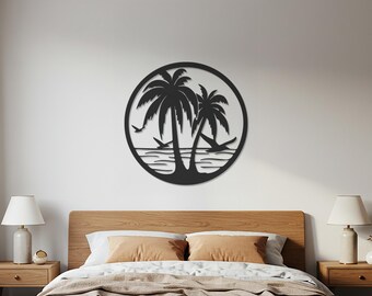 Metallväggkonst med tropisk palm, rund skylt med strandsolnedgång, kustinredning för vardagsrum, uteplats, sovrum eller avkopplingshörnor