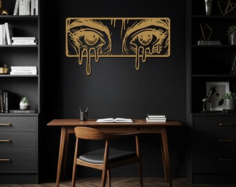 Arte de pared metálico con ojos llorosos: obra de arte expresionista abstracto para sala de estar, dormitorio u oficina. Negro, blanco, plata, bronce y dorado.