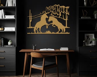Arte de pared de metal con caballo salvaje, decoración rústica de rancho, colgante de pared vaquero del oeste, letrero de semental de pelea, decoración de casa de campo, regalo de granja