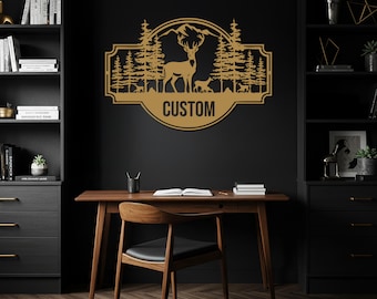 Arte de pared de metal con ciervo personalizado, letrero rústico de cabaña, letrero con nombre personalizado, decoración de pared de pabellón de caza, regalo de vida silvestre al aire libre, decoración de pared de montaña