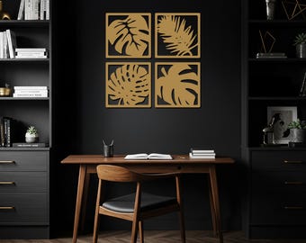 Arte mural de hojas tropicales, letrero de metal, decoración botánica, acento natural moderno, juego de cuatro paneles, regalo rústico para decoración del hogar.