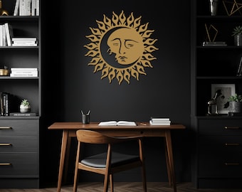 太陽と月の装飾、月の顔、木製の太陽の顔、木製の太陽と月の壁アート