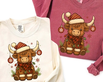 Comfort Colors® Cute Christmas Cow Sweatshirt, Highland Cow Christmas Shirt Gift