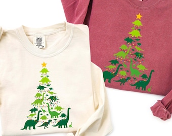 Comfort Colors Dinosaur Christmas Tree Sweatshirt, Dino Kids Shirt