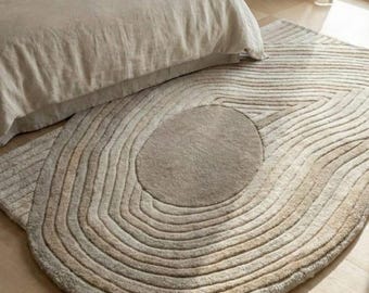 Handgemaakt wollen vloerkleed: beige abstracte golf, modern minimalistisch decor