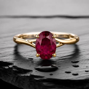 May include: A gold ring featuring a central oval-cut deep red ruby gemstone held by four prongs. The band has a split shank design that tapers as it reaches the setting, creating a smooth, polished appearance for the metal surface.