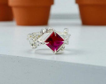 Quadrat Roter Rubin Ring: 925 Sterling Silber Solitär, Juli Geburtsstein